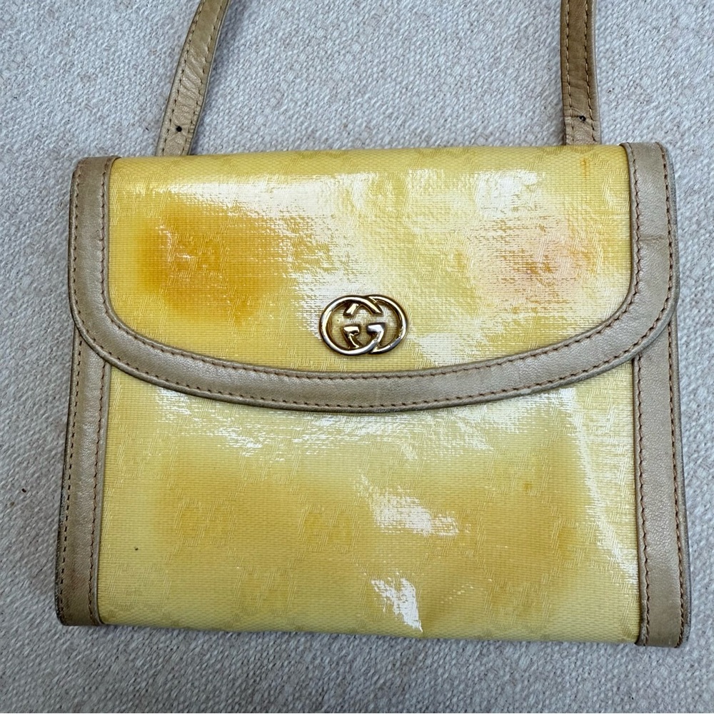 Early Vintage Gucci Shoulder Bag Coated Canvas Monogram Tan Leather Crossbody - Picture 4 of 16